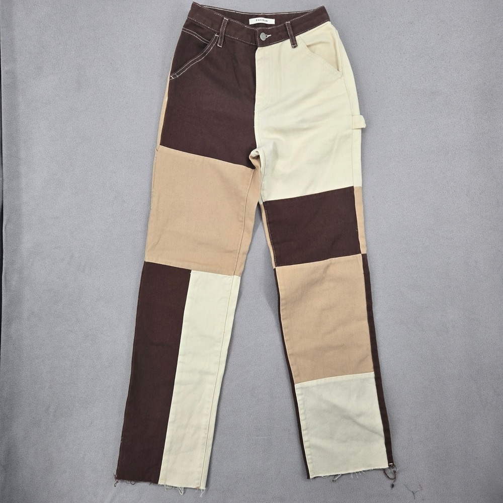 PacSun Womens 27 Patchwork Carpenter Pants Brown Tan Cream Utility Straight Leg - Picture 2 of 13